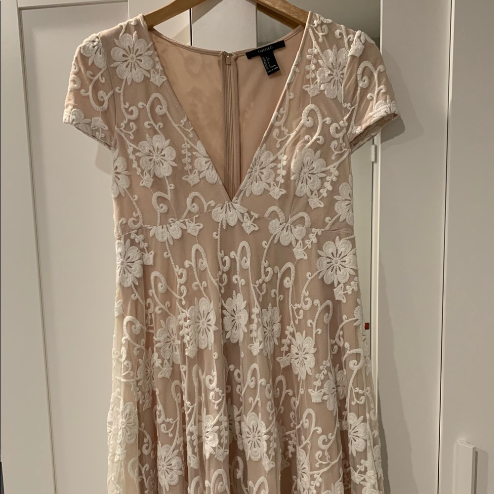 Low V Neck Nude Color Midi Dress